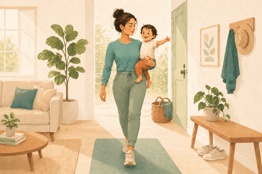 A painted scene of a mother carrying her laughing toddler on one arm through a bright, sunlit hallway.