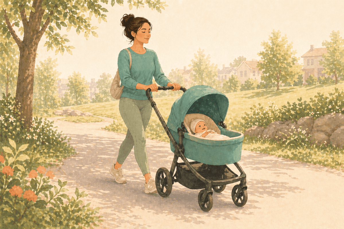 A mother pushing a stroller along a leafy path, walking briskly.