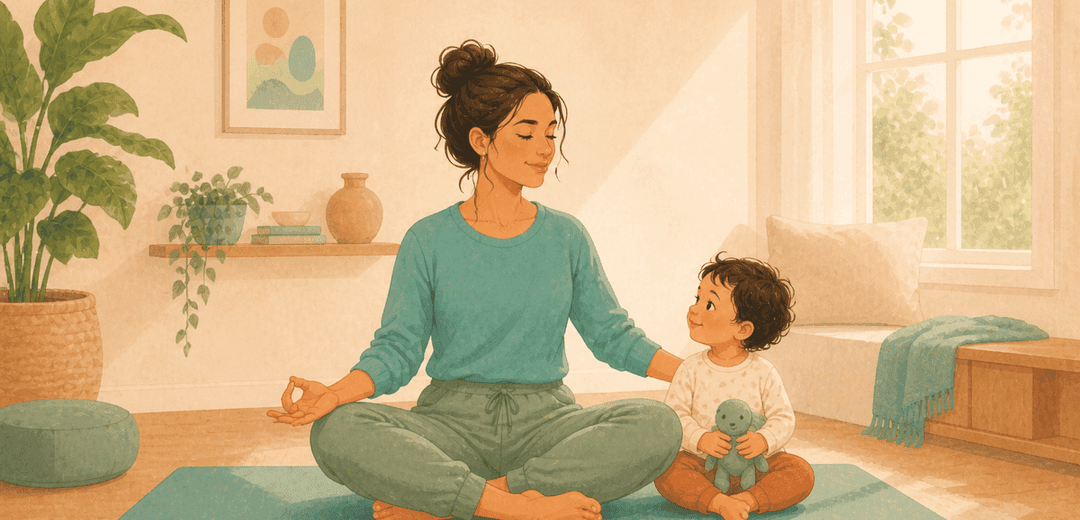A painted scene of a mother sitting cross-legged on a yoga mat in a sunlit room, her small child sitting beside her holding a toy.
