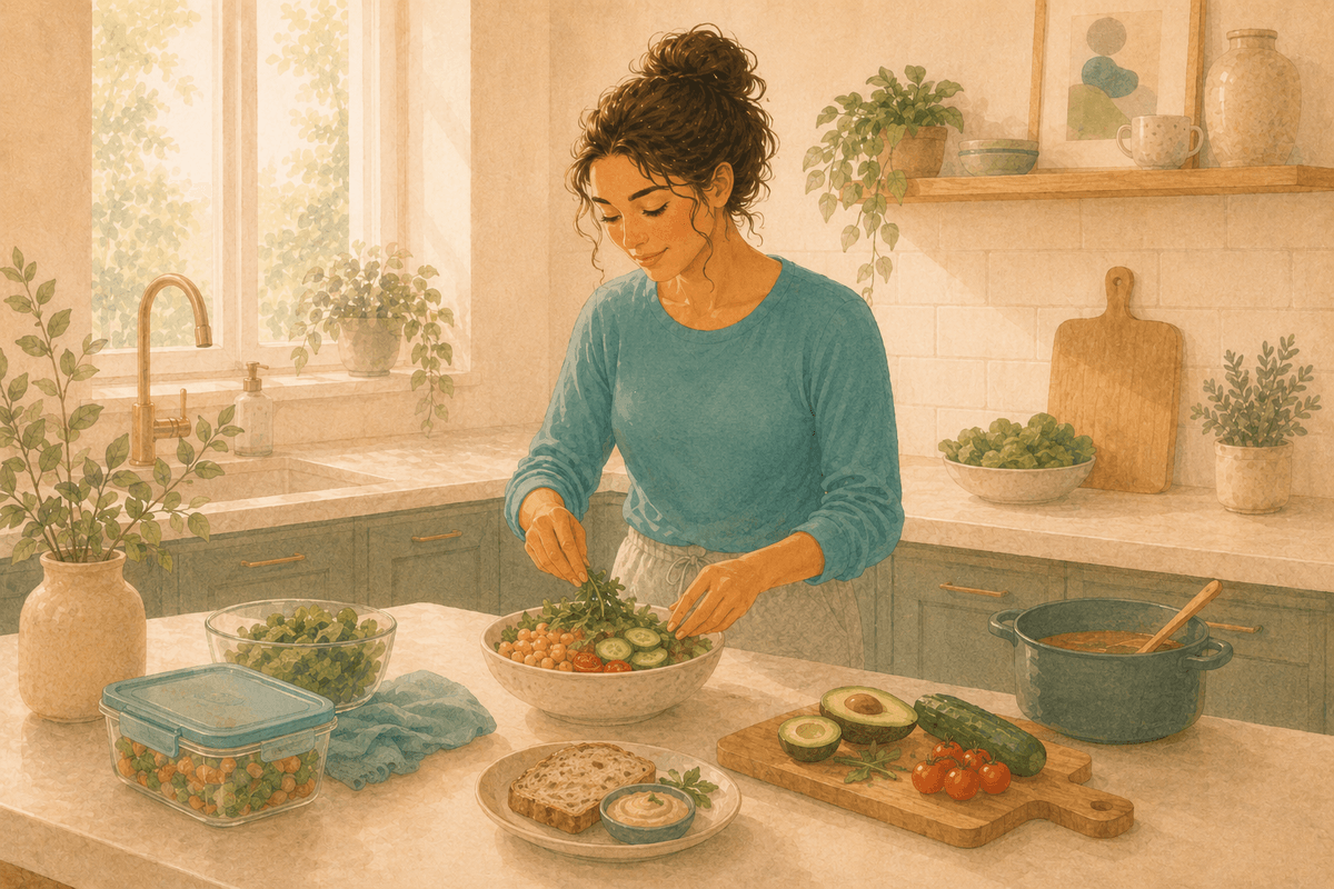 A mother in a sunlit kitchen, prepping a colorful meal at the counter.