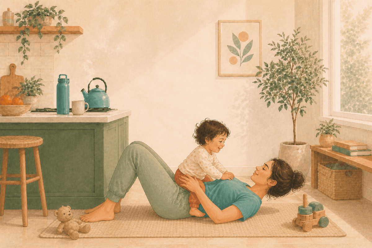 A mother lying on the rug, lifting her toddler playfully overhead.