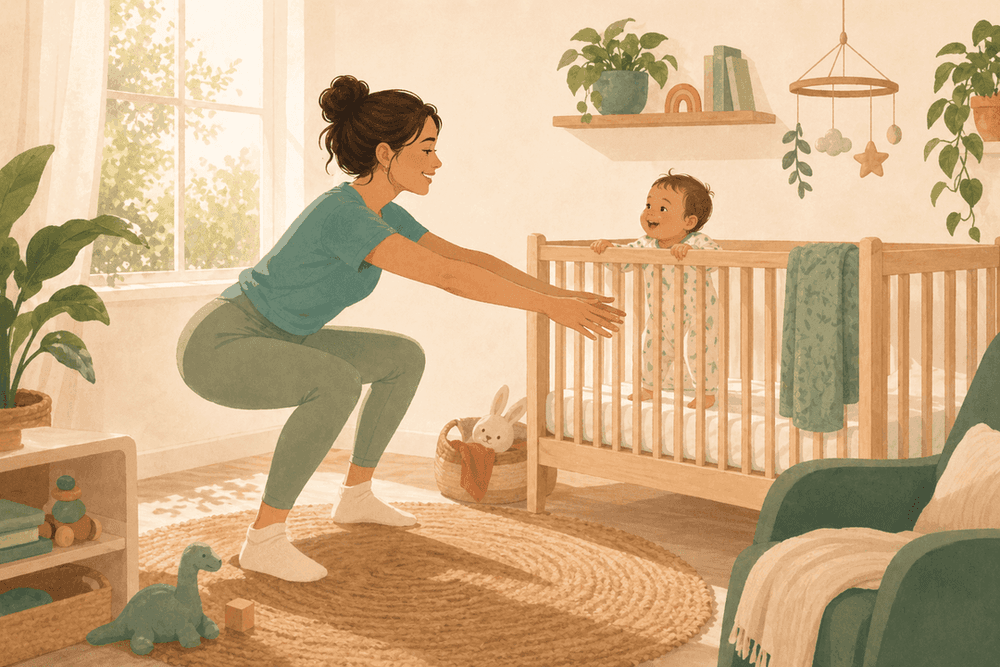A mother doing squats beside the crib while her baby stands at the rail, laughing.