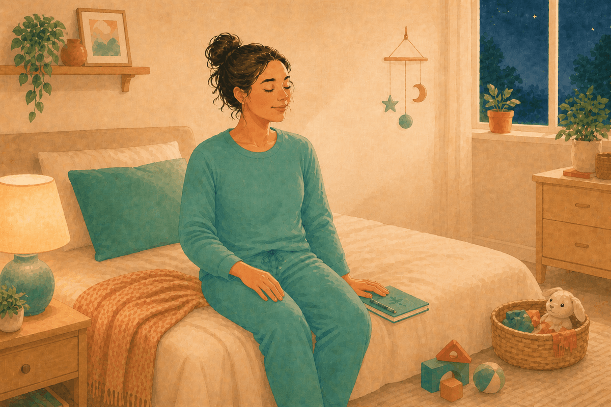 A mother sitting on the edge of her bed at night, writing in a small notebook.