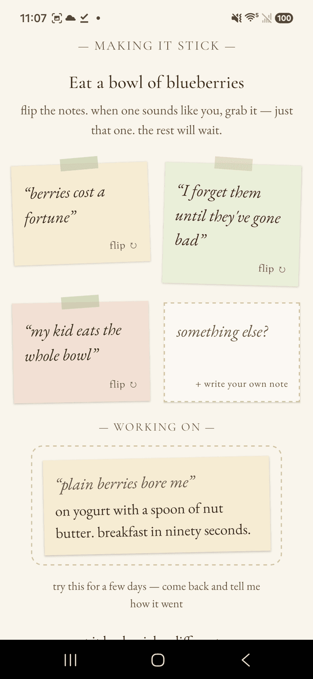 The making-it-stick screen for &lsquo;Eat a bowl of blueberries&rsquo;: flippable notes like &lsquo;berries cost a fortune,&rsquo; with a fix pinned under &lsquo;working on.&rsquo;