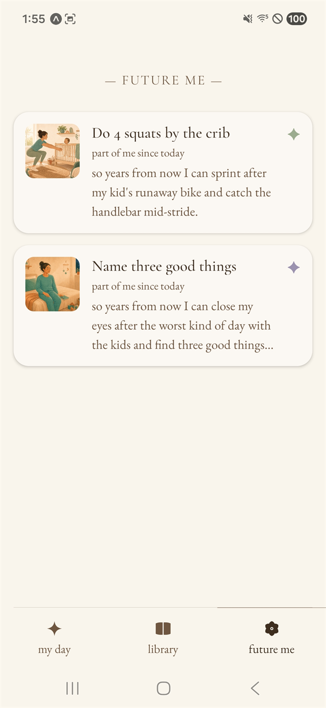 The Future Me screen listing &lsquo;Do 4 squats by the crib&rsquo; and &lsquo;Name three good things&rsquo; with the mother they're shaping.